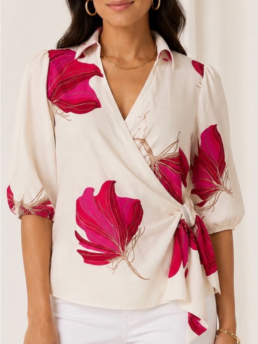ABS by Allen Schwartz Floral Wrap Blouse - Pink on Cream Medium